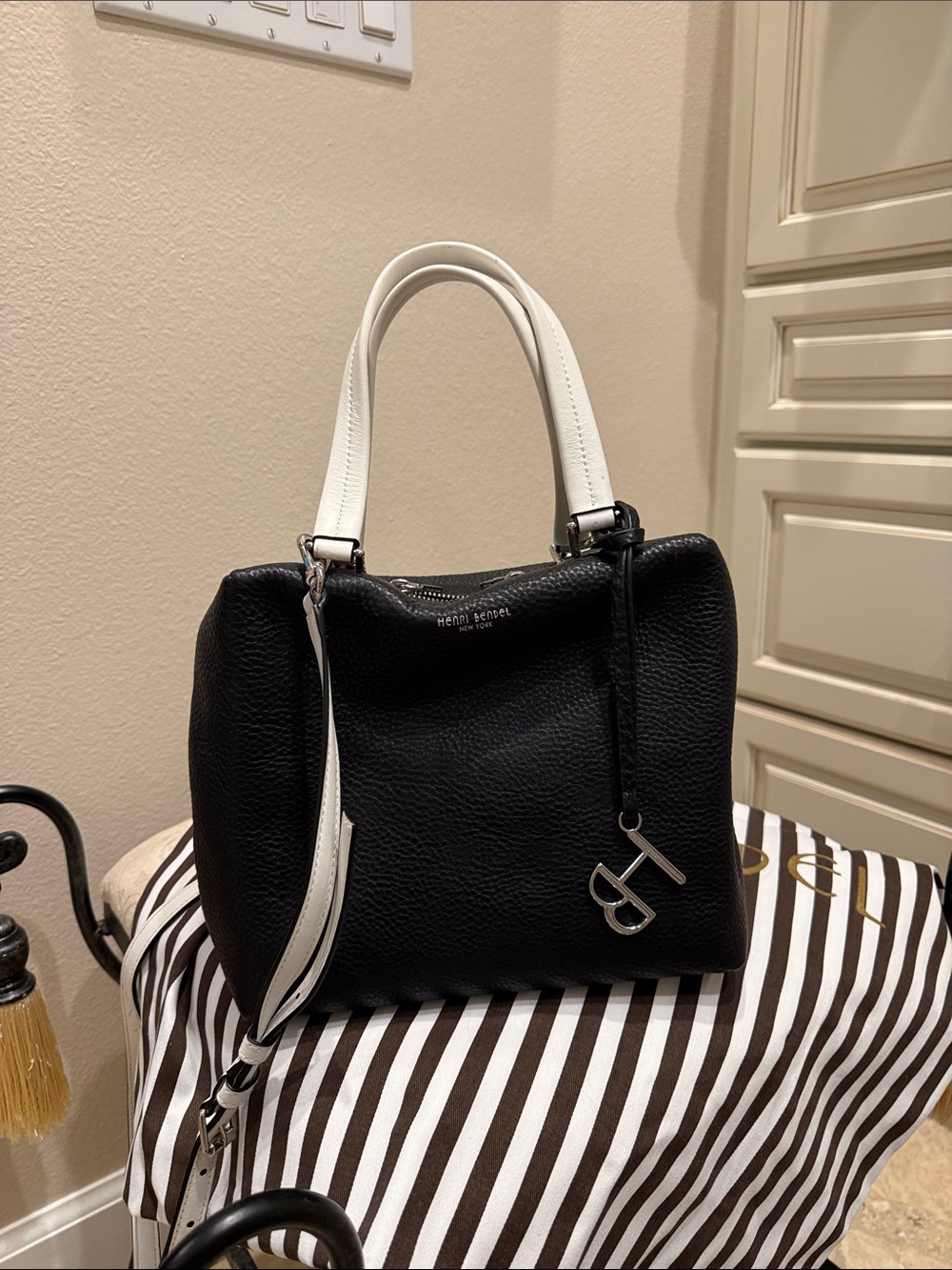 henri bendel Black and White Pebbled Leather Satchel